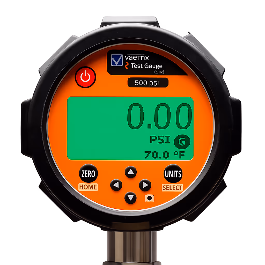 Vaetrix ETG Digital Test Gauge showing 0.00 PSI at 70.0°F